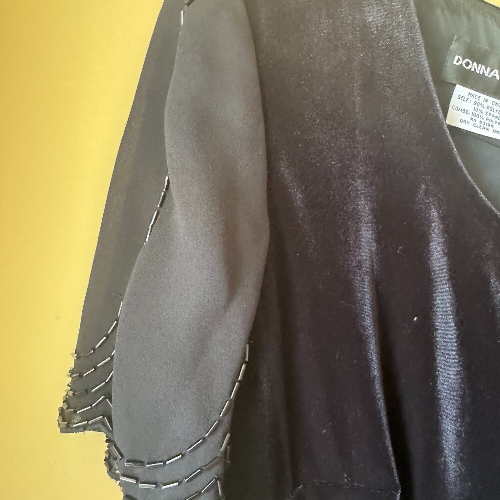 Black velvet Donna Morgan Dress with buttoned back and beaded sleeves